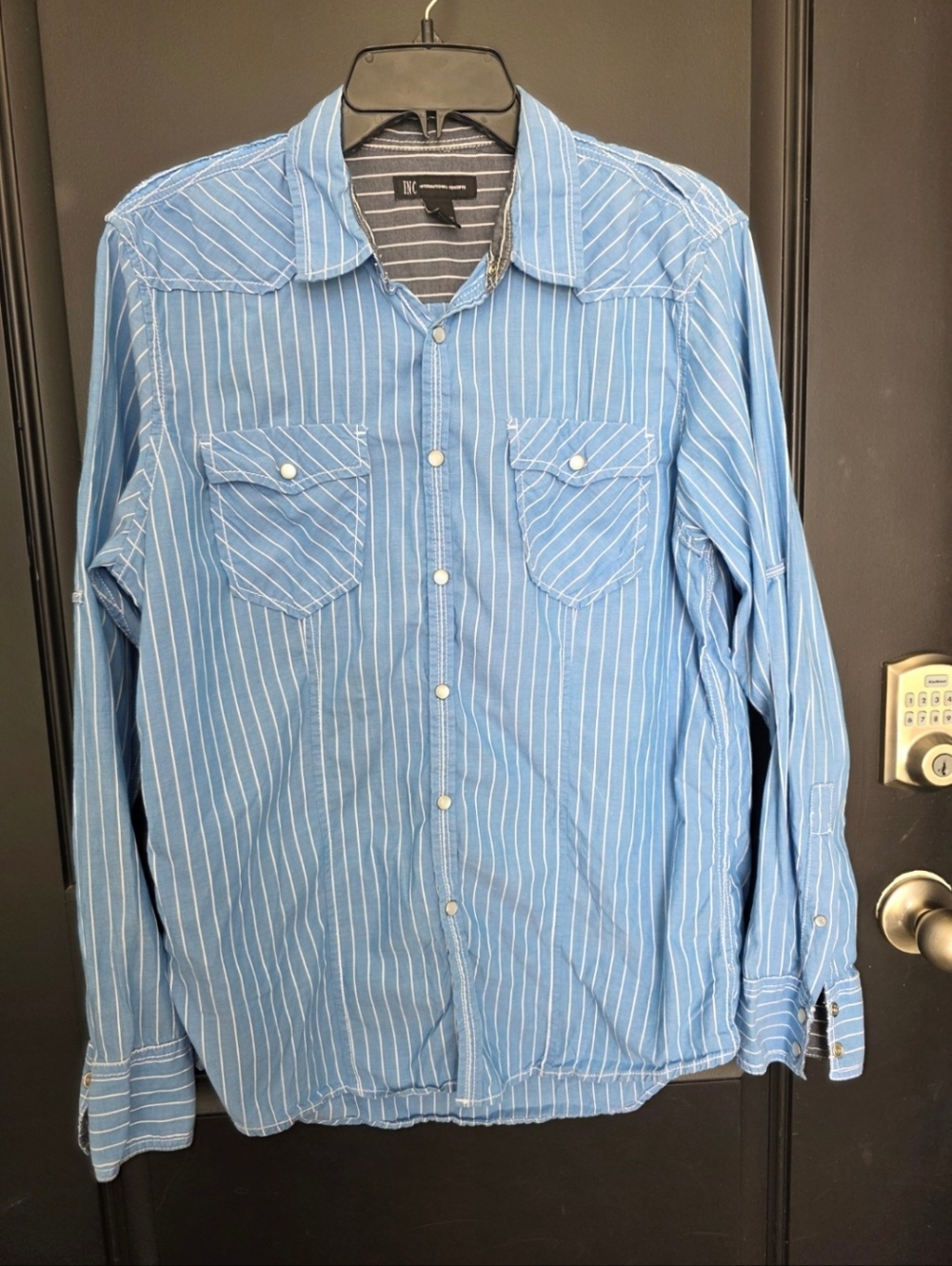 INC International Concepts Women’s Blue Striped Button Up Shirt Medium Western